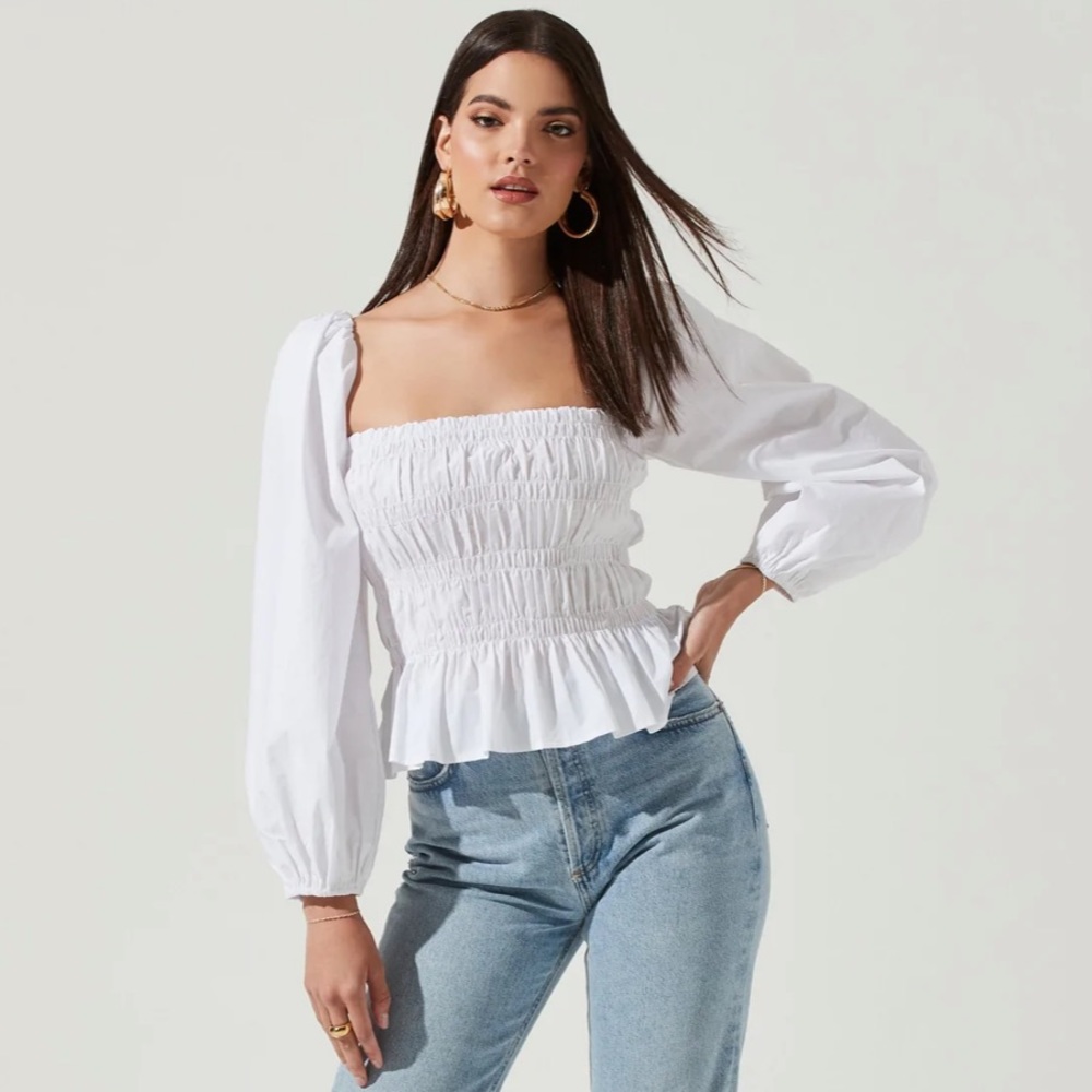 Astr the label long bubble sleeve smocked top